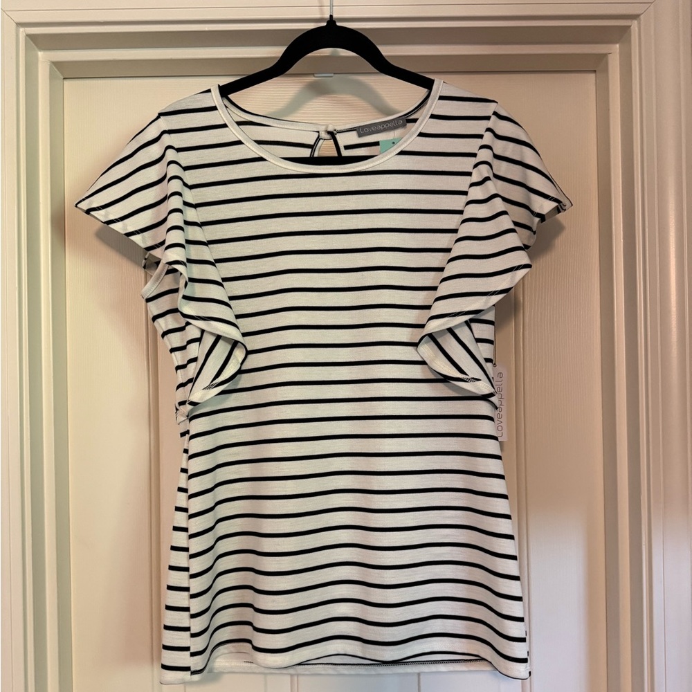 Loveappella Black and White Striped Flutter Sleeve Blouse